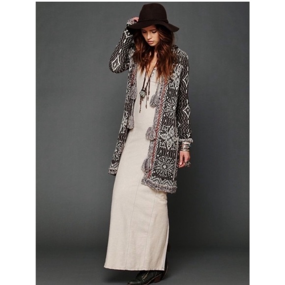 Free People Kai Tassel Pom Pom Tapestry Hooded Long Cardigan Sweater XS - Picture 1 of 16